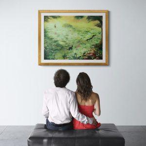 A couple sitting on a bench in an art gallery (2)