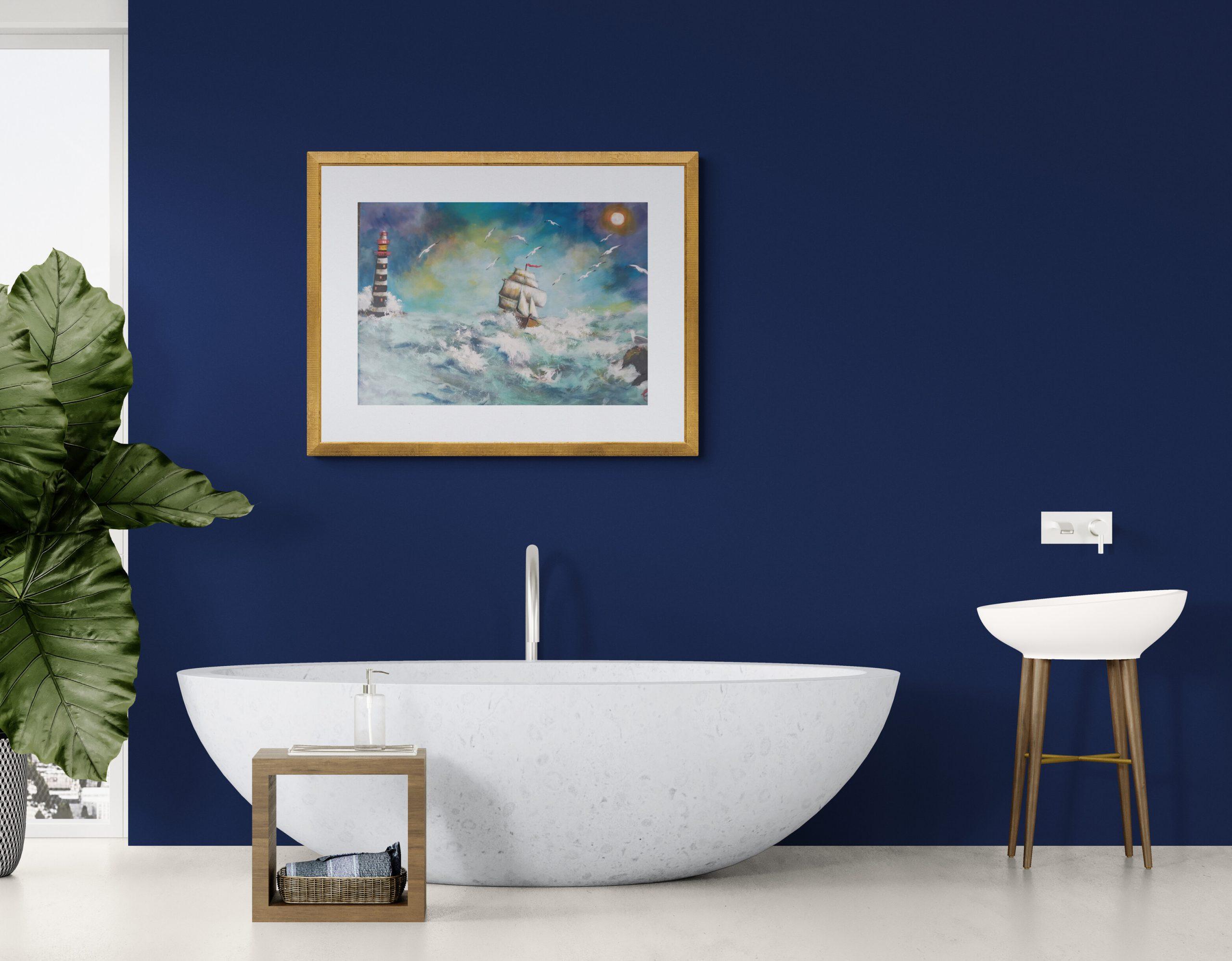 Apartment bathroom with city views